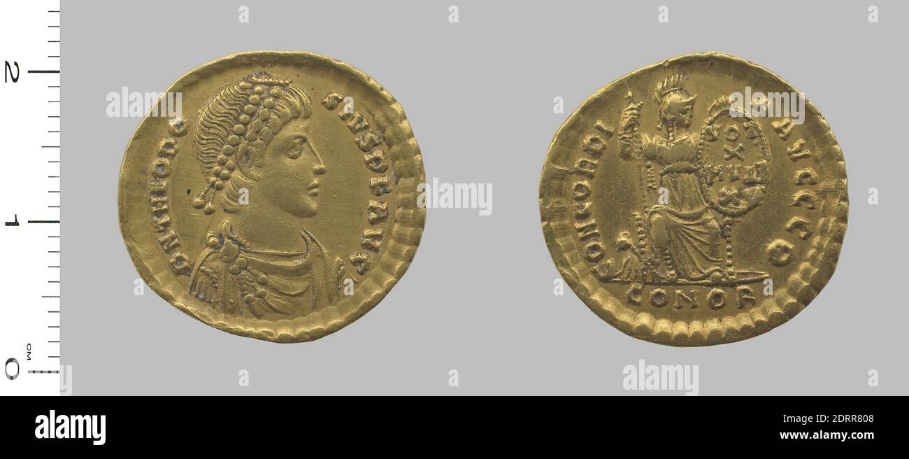 Governatore: Teodosio i, imperatore di Roma, ca. 346–395, governato 379–95, Zecca: Costantinopoli, Solidus di Teodosio i, Imperatore di Roma di Costantinopoli, 394–95, Oro, 4.42 g, 6:00, 19.1 mm, fatto a Costantinopoli, Romano, IV secolo, Numismatica Foto Stock