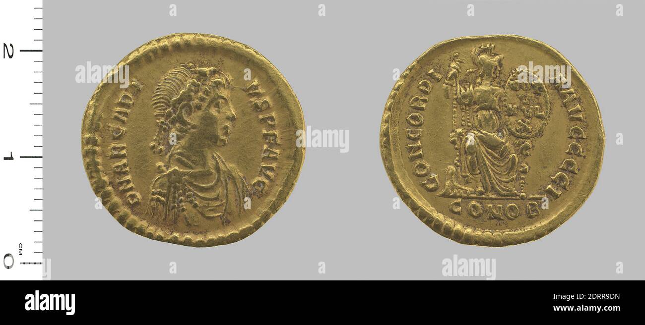 Governatore: Arcadio, Imperatore di Bisanzio, 377–408, governò 395–408, moneta di Arcadio, Imperatore dell'Impero Romano d'Oriente, 395–405, Oro, 4.42 g, 6:00, 21 mm, fatto in Impero Romano, Romano, IV e V secolo, Numismatica Foto Stock
