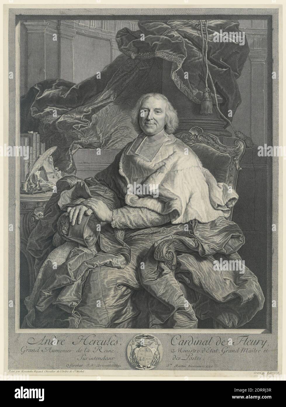 Artista: Pierre Drevet, Francese, 1663–1738, dopo: Hyacinthe Rigaud, Francese, 1659–1743, Andre Hercules, Cardinal de Fleury, incisione, taglio a piatto: 24 1/8 × 15 3/16 pollici. (61.2 × 38.5 cm), Made in France, French, 17 ° secolo, opere su carta - stampe Foto Stock