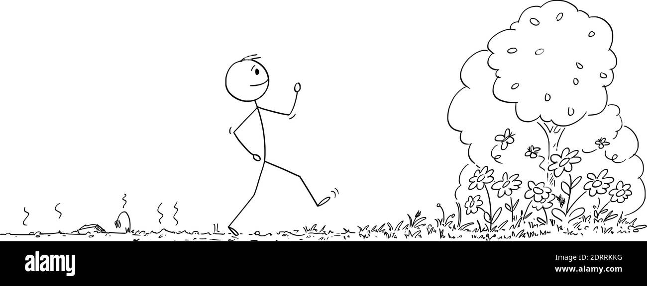 Figura del cartoon vettoriale dell'uomo che cammina da un luogo con piante morenti, natura o ecosistema, asciutto o arido nella foresta con fiori e alberi in fiore. Illustrazione Vettoriale