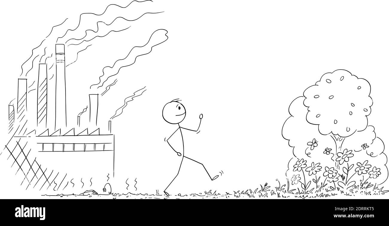 Figura del cartoon vettoriale dell'uomo che cammina da un luogo con la natura distrutta dall'inquinamento dall'industria pesante alla foresta con piante in fiore. Illustrazione Vettoriale