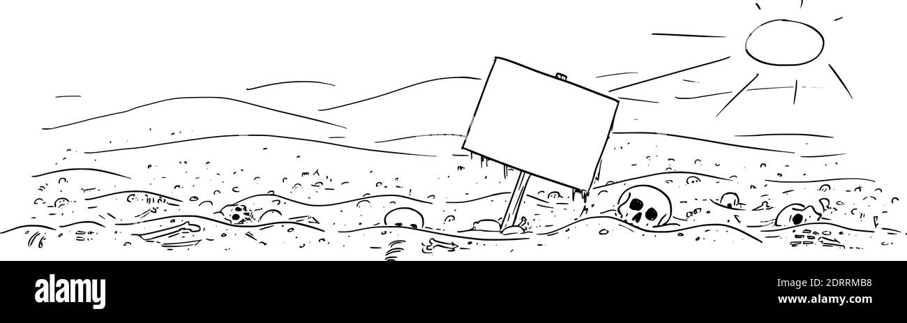 Disegno vettoriale di cartoni animati o illustrazione di deserto abbandonato paesaggio con ossa e teschi. Segno vuoto per il testo. Concetto di carestia, epidemia, fine della civiltà o estinzione umana. Illustrazione Vettoriale