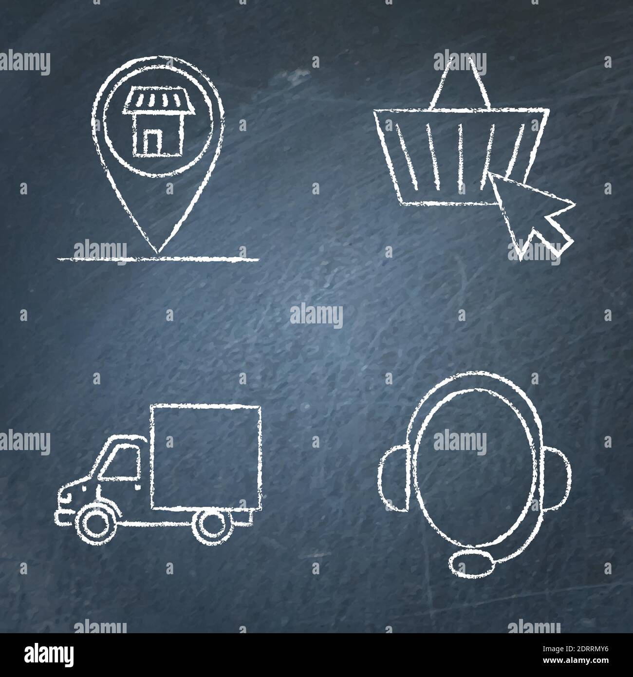 Set di icone per l'acquisto di una lavagna online. ECommerce, indirizzo del negozio, simboli di supporto e consegna sulla lavagna. Illustrazione vettoriale. Illustrazione Vettoriale