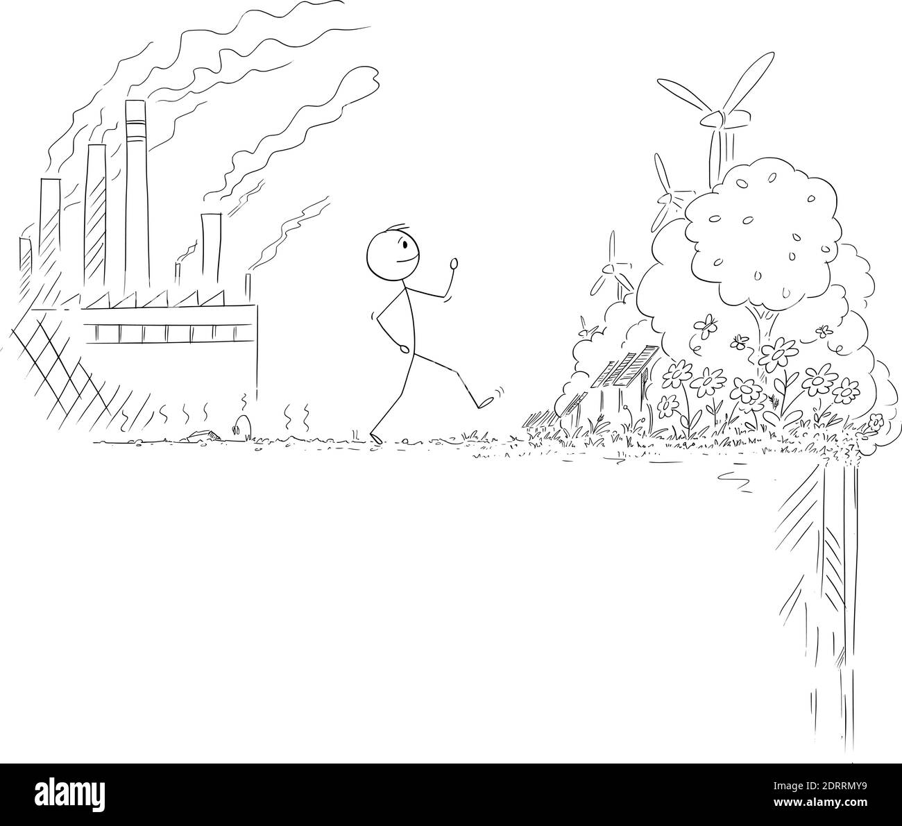 Figura del cartoon vettoriale illustrazione dell'uomo che cammina da un luogo con la natura distrutta dall'inquinamento dell'industria pesante e degli impianti del carbone al futuro piacevole delle risorse rinnovabili di energia, ma ci è rischio dietro. Illustrazione Vettoriale