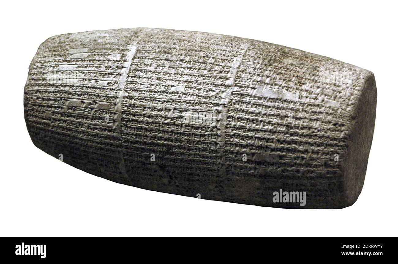 Cilindro cuneiforme di argilla. Regno tardivo del re Nebuchadnetsar II (630-562 a.C.). Impero neo-babilonese o Impero Caldeo. Museo del Louvre. Parigi, Francia. Foto Stock