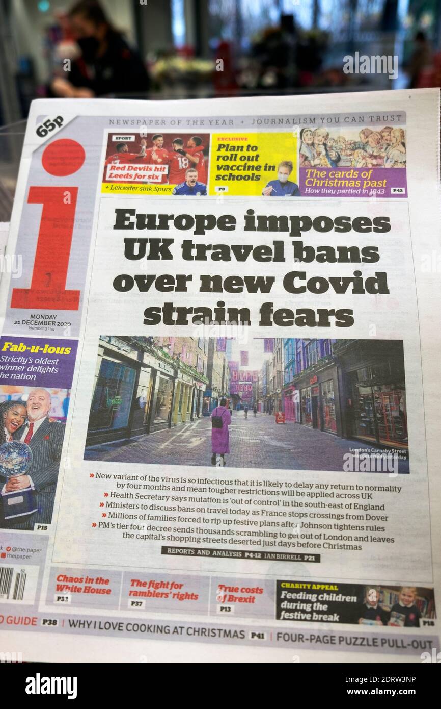 i prima pagina del titolo del giornale il 21 dicembre 2020 'Europa Impone divieti di viaggio nel Regno Unito sul nuovo Covid Strain paure' Covid-19 Variant Mutation London UK Foto Stock