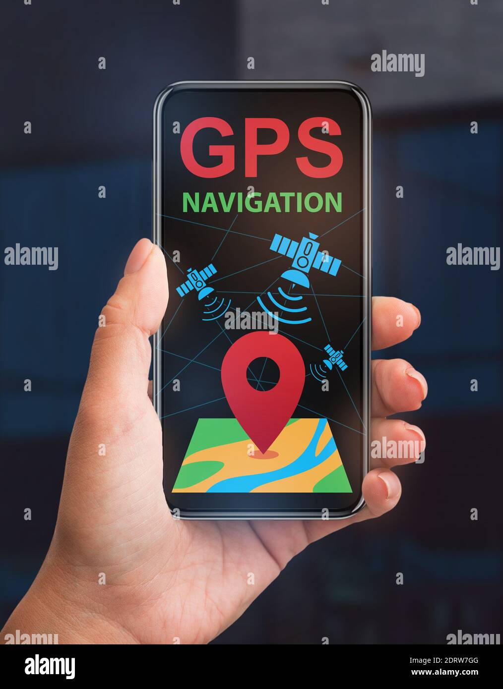 Interfaccia dell'app GPS Navigation Mobile sullo schermo dello smartphone in femmina Mano Foto Stock