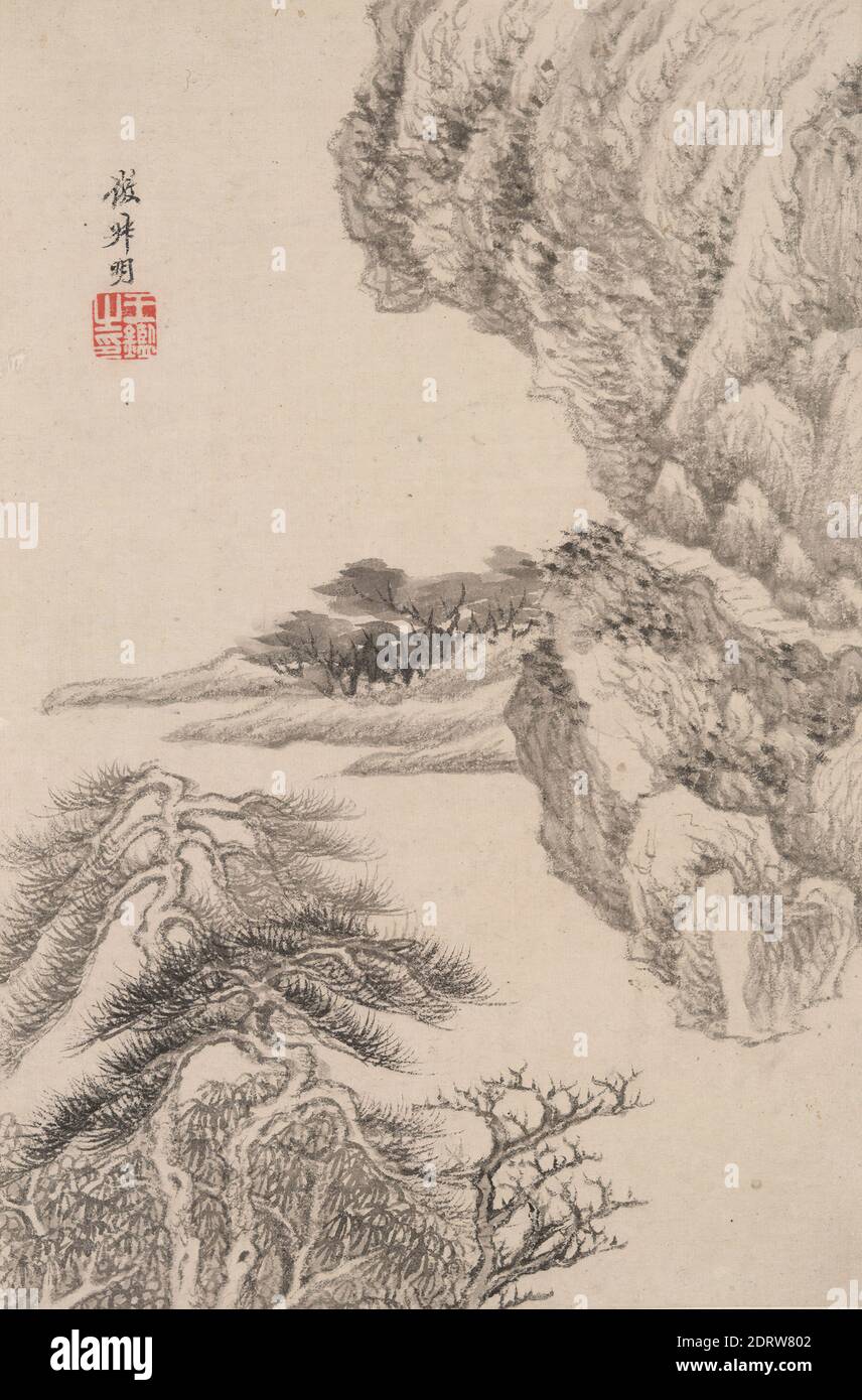 Artista: Wang Jian, cinese, 1598–1677, Paesaggio nello stile di vari vecchi Maestri: Paesaggio dopo Wang Meng (1308–1385), foglia album, inchiostro e colore su carta, senza montaggio: 8 1/2 × 5 3/4 pollici. (21.6 × 14.6 cm), Cina, cinese, dinastia Qing (1644–1911), dipinti Foto Stock