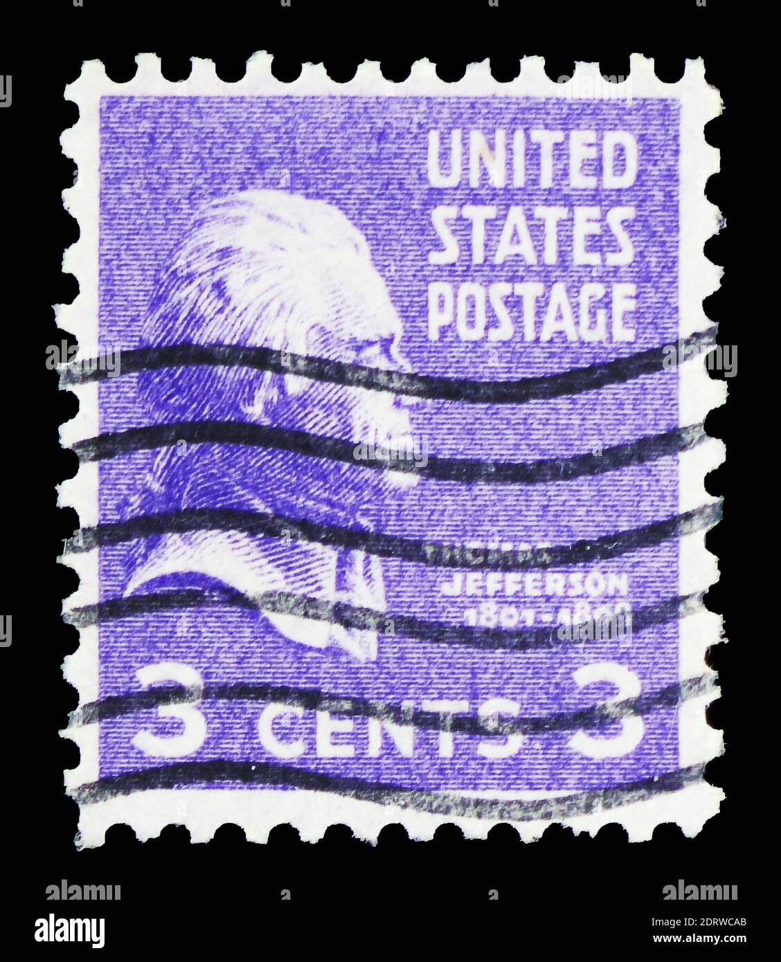 MOSCA, RUSSIA - 10 FEBBRAIO 2019: Un francobollo stampato negli Stati Uniti mostra Thomas Jefferson (1743-1826), terzo presidente degli Stati Uniti, serie, circa 1 Foto Stock