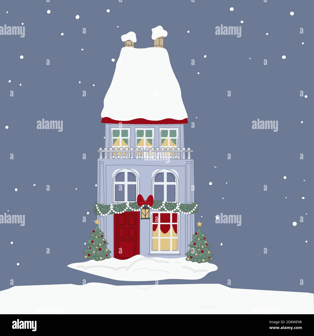 Casa decorata con ghirlande e luci di Natale Illustrazione Vettoriale