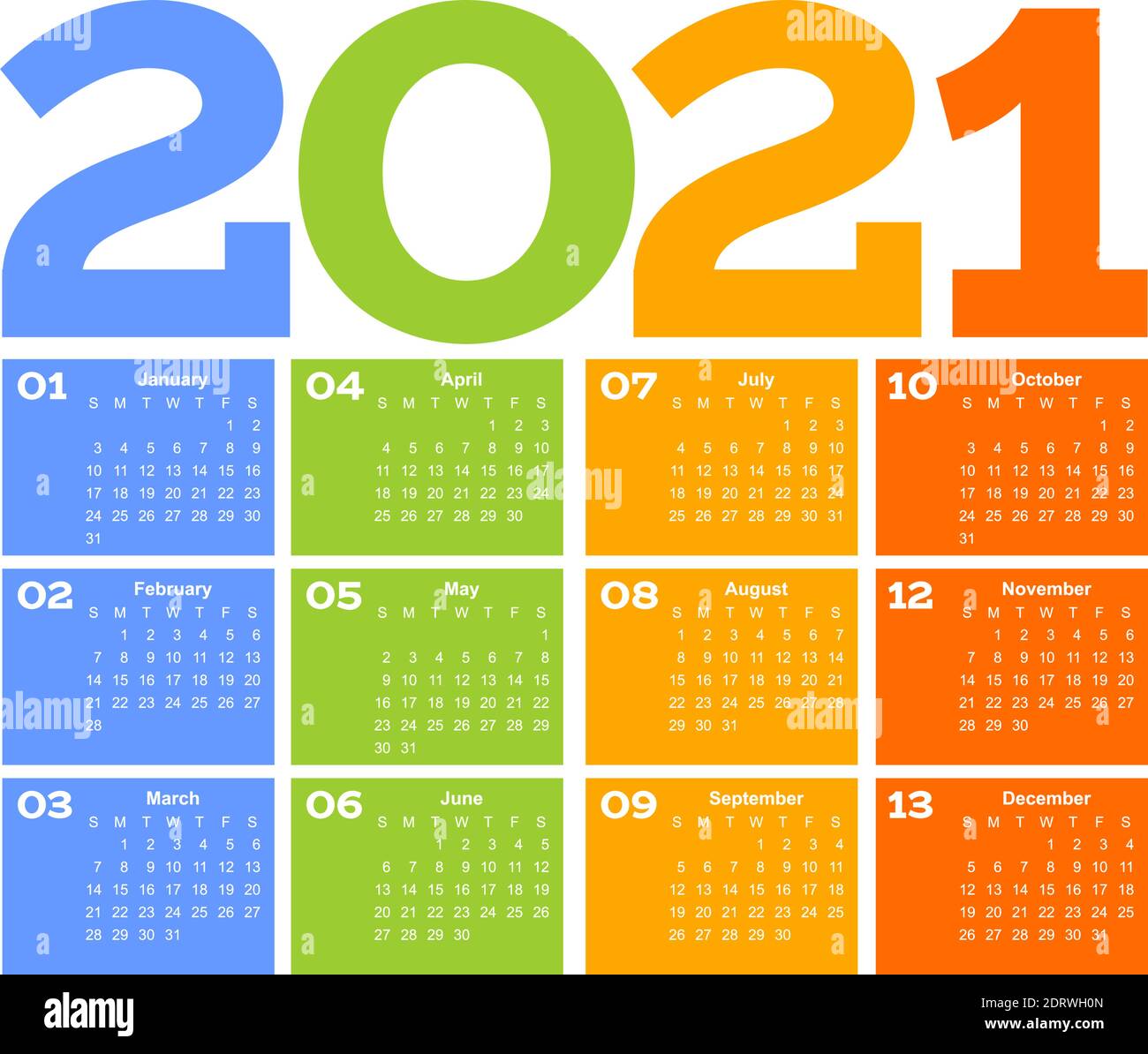 Anno 2021 Calendario mensile a griglia di una pagina, multicolore su sfondo bianco. Modello vettoriale. Tabella dell'ordine del giorno annuale. Tutti i mesi su una pagina. Illustrazione Vettoriale