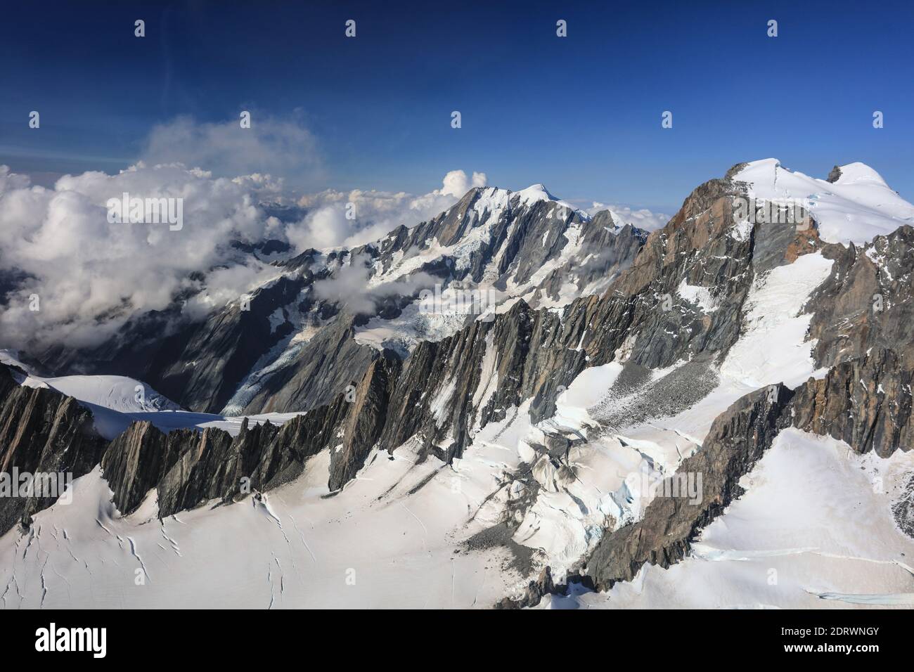 Vista aerea della catena dei Mout Cook a South Island, Nuova Zelanda. Aka le Alpi meridionali. Foto Stock