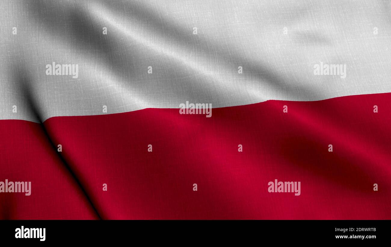 Polonia Bandiera satinata. Tessuto ondulato trama della bandiera della Polonia, Real Texture onda bandiera della Polonia Foto Stock