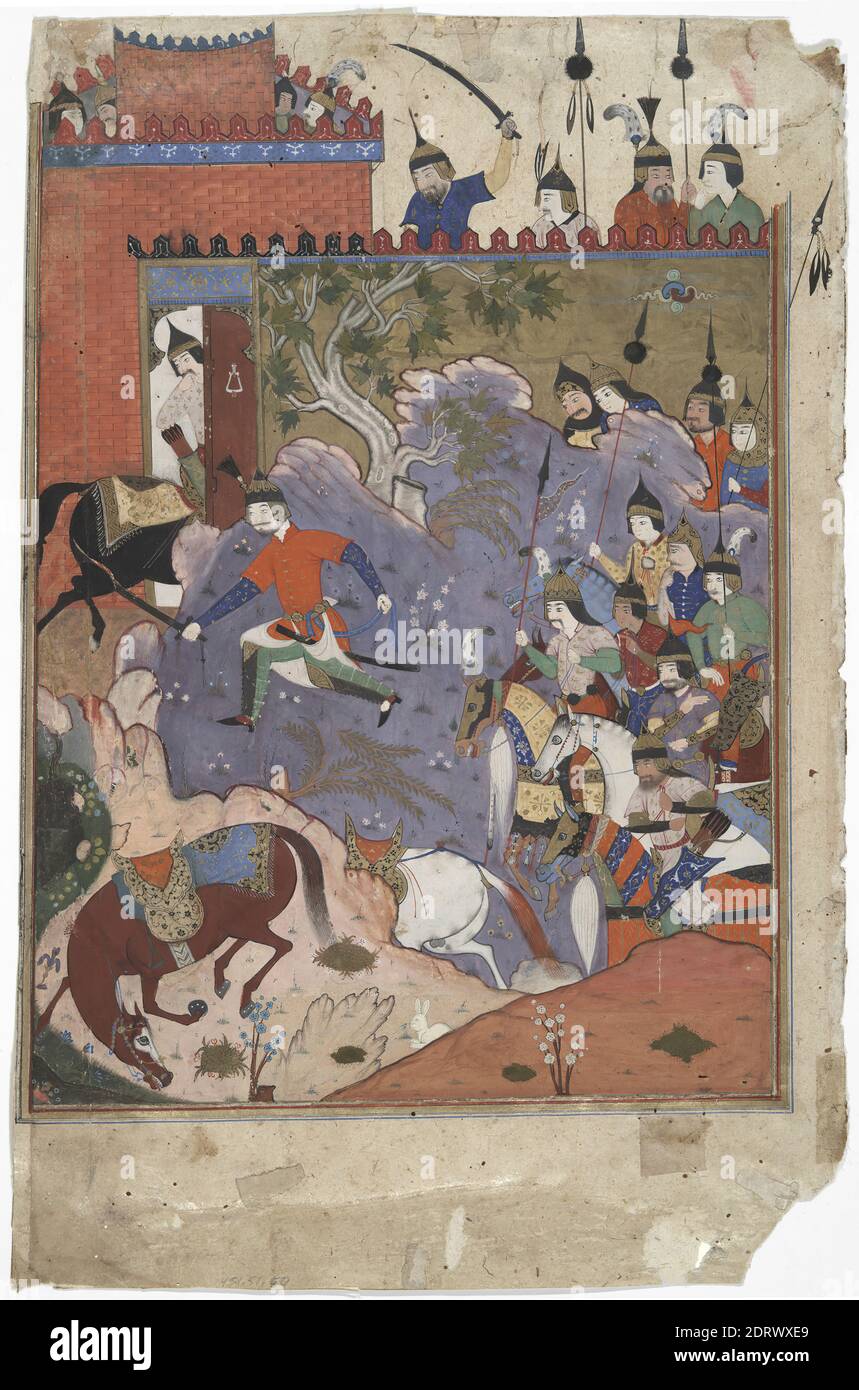 La battaglia a Tus, da un manoscritto del Libro dei Re (Shahnama), ca. 1580–90, inchiostro, acquerello opaco e oro su carta, foglio: 11 1/2 × 8 pollici (29.2 × 20.3 cm), il Libro dei Re (Shahnama), scritto da Firdausi intorno al 1010, è il poema più lungo mai scritto da un singolo autore. Racconta la storia del Grande Iran dall'inizio del tempo fino alla conquista araba dell'Impero Sasaniano nel 651 C.E. Questa pagina di un manoscritto disperso mostra la battaglia che ha avuto luogo a Tus tra Bizhan e Farud, entrambi discendenti di regalità., Iraniano/Persiano, Islamico, dinastia Safavid (1501–1722 Foto Stock