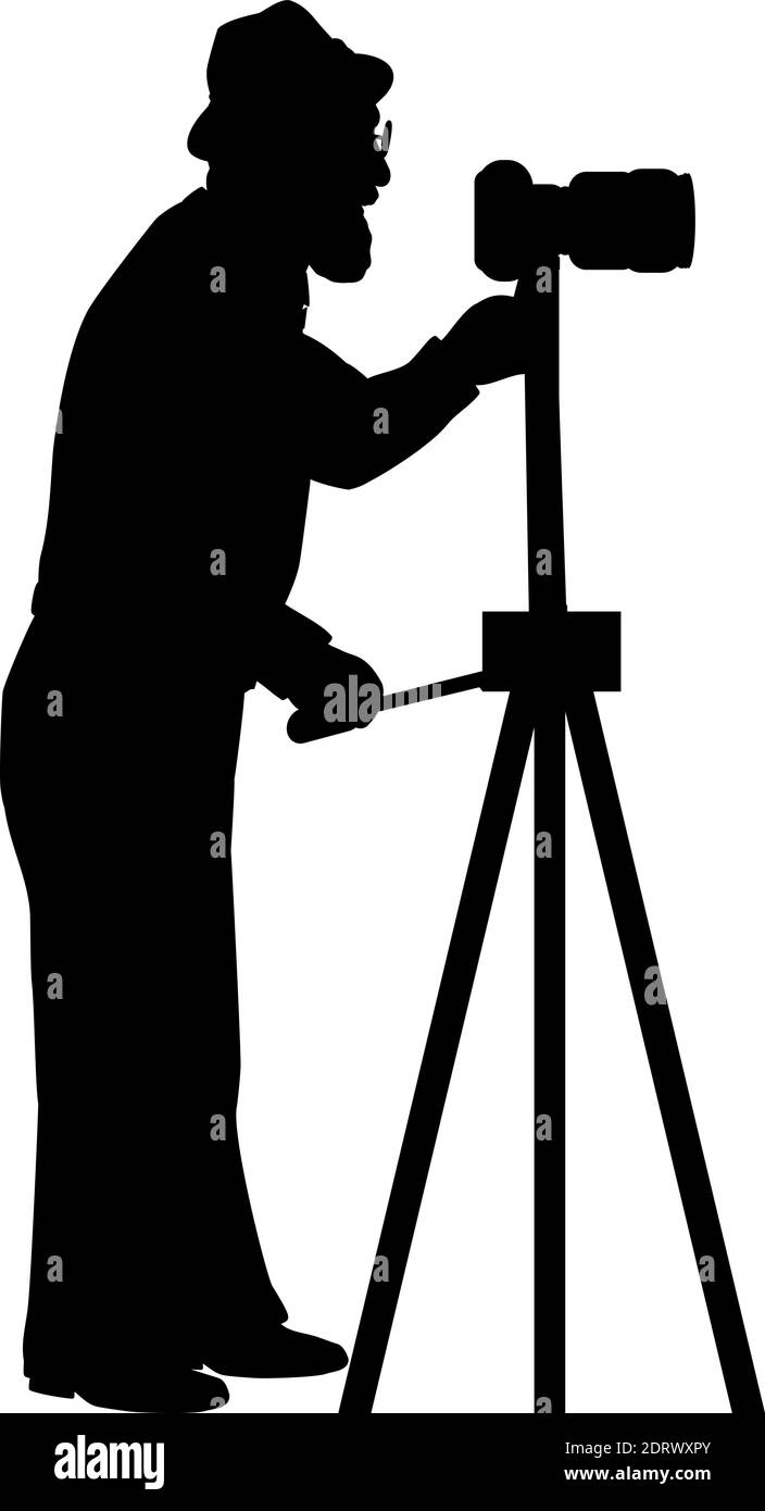 Silhouette uomo anziano nonno fotografo scatta foto. Icona del simbolo dell'illustrazione Illustrazione Vettoriale