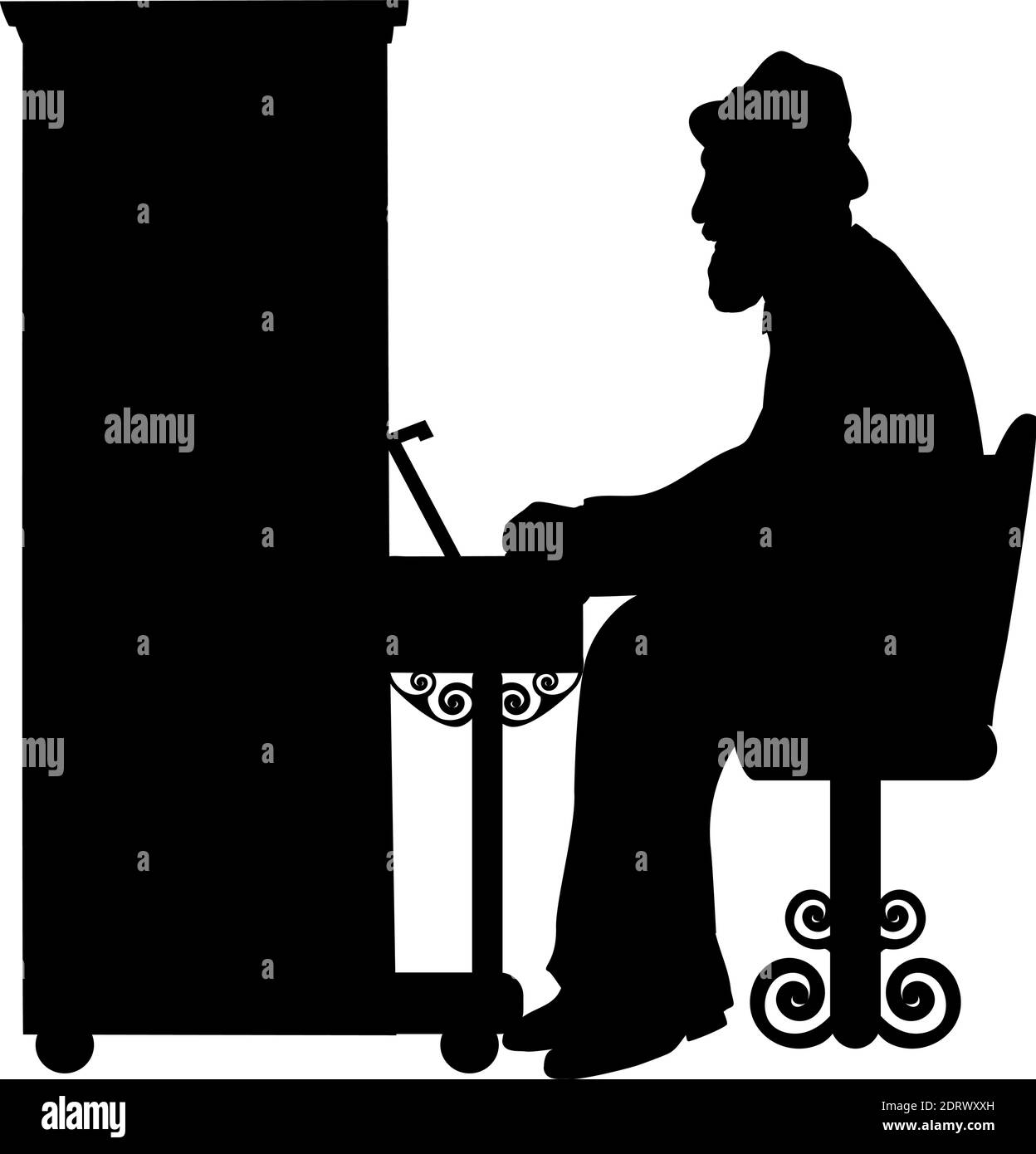 Silhouette uomo anziano nonno suona il pianoforte. Icona del simbolo dell'illustrazione Illustrazione Vettoriale