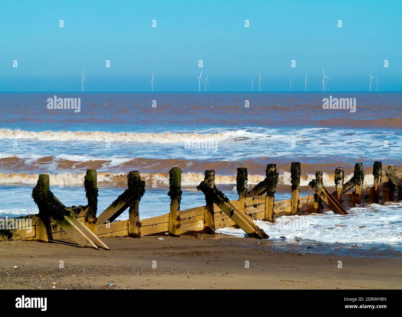 Turbine eoliche offshore all'orizzonte del Mare del Nord Visto da Withernsea nell'equitazione orientale dello Yorkshire Inghilterra REGNO UNITO Foto Stock