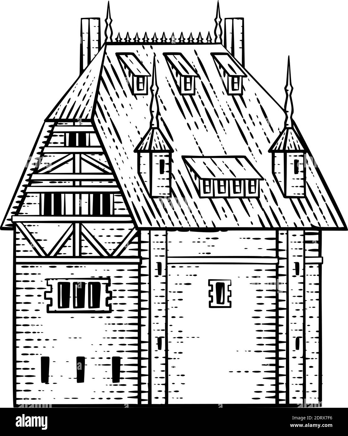Old Medieval House Inn Building Vintage Woodcut Illustrazione Vettoriale