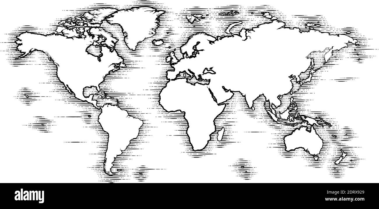 Mappa del mondo disegno vecchio stile inciso Woodcut Illustrazione Vettoriale
