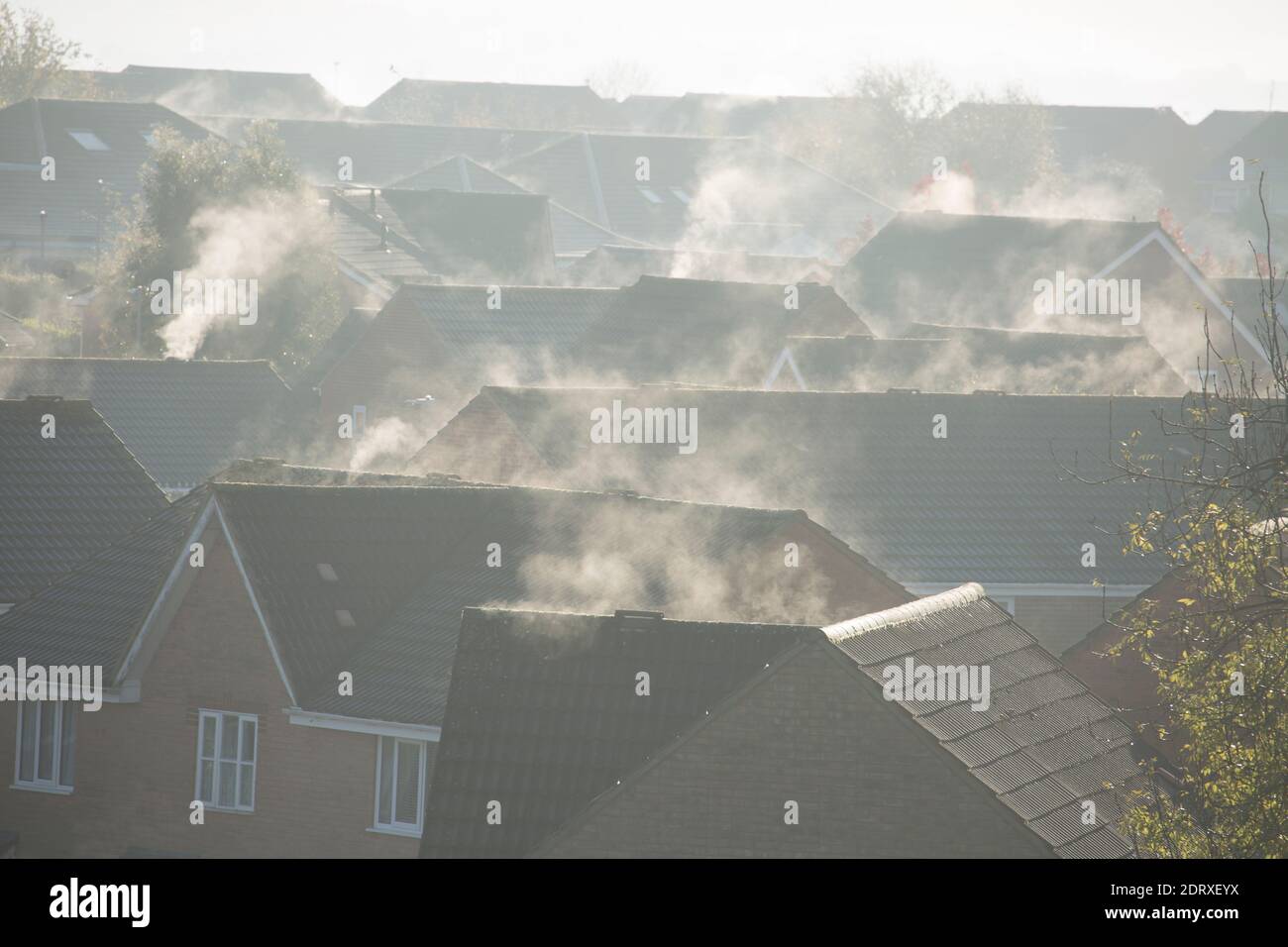 Vapore che sale da impianti di riscaldamento e tetti riscaldati dal sole del mattino dopo una notte fredda. Inghilterra GB Foto Stock