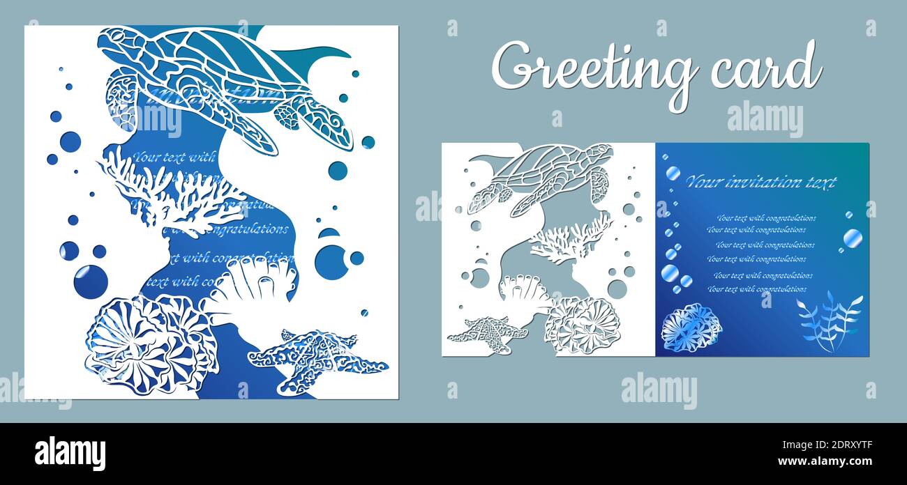 Tartaruga, stelle marine. Fauna con animali marini. Modello per la creazione di una cartolina. Immagine vettoriale per taglio laser, stampa plotter e scrapbooking. Illustrazione Vettoriale