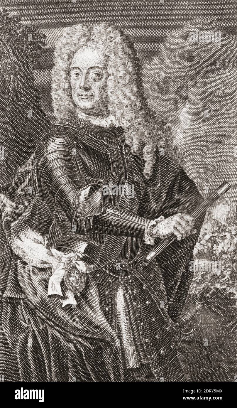 John Churchill, i duca di Marlborough, principe di Mindelheim, 1650 – 1722. Soldato e statista inglese. Da un'incisione di Adolf van der Laan dopo un'opera di Adriaen van der Werff. Foto Stock John Churchill, i duca di Marlborough, principe di Mindelheim, 1650 – 1722. Soldato e statista inglese. Da un'incisione di Adolf van der Laan dopo un'opera di Adriaen van der Werff. Foto Stock