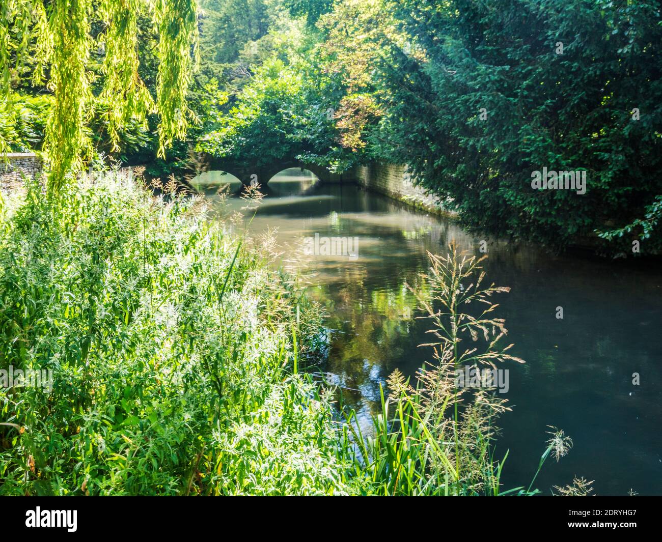Il grazioso ponte di pietra sul fiume Coln ad Ablington nel Gloucestershire Cotswolds. Foto Stock