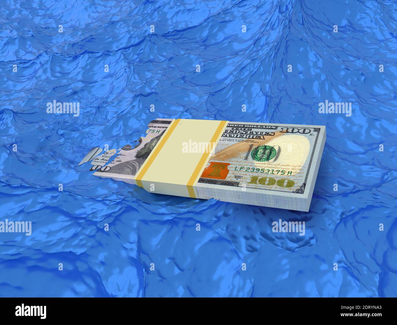 Bundle di soldi dollari affonda in acqua. Concetto di crisi. rendering 3d Foto Stock