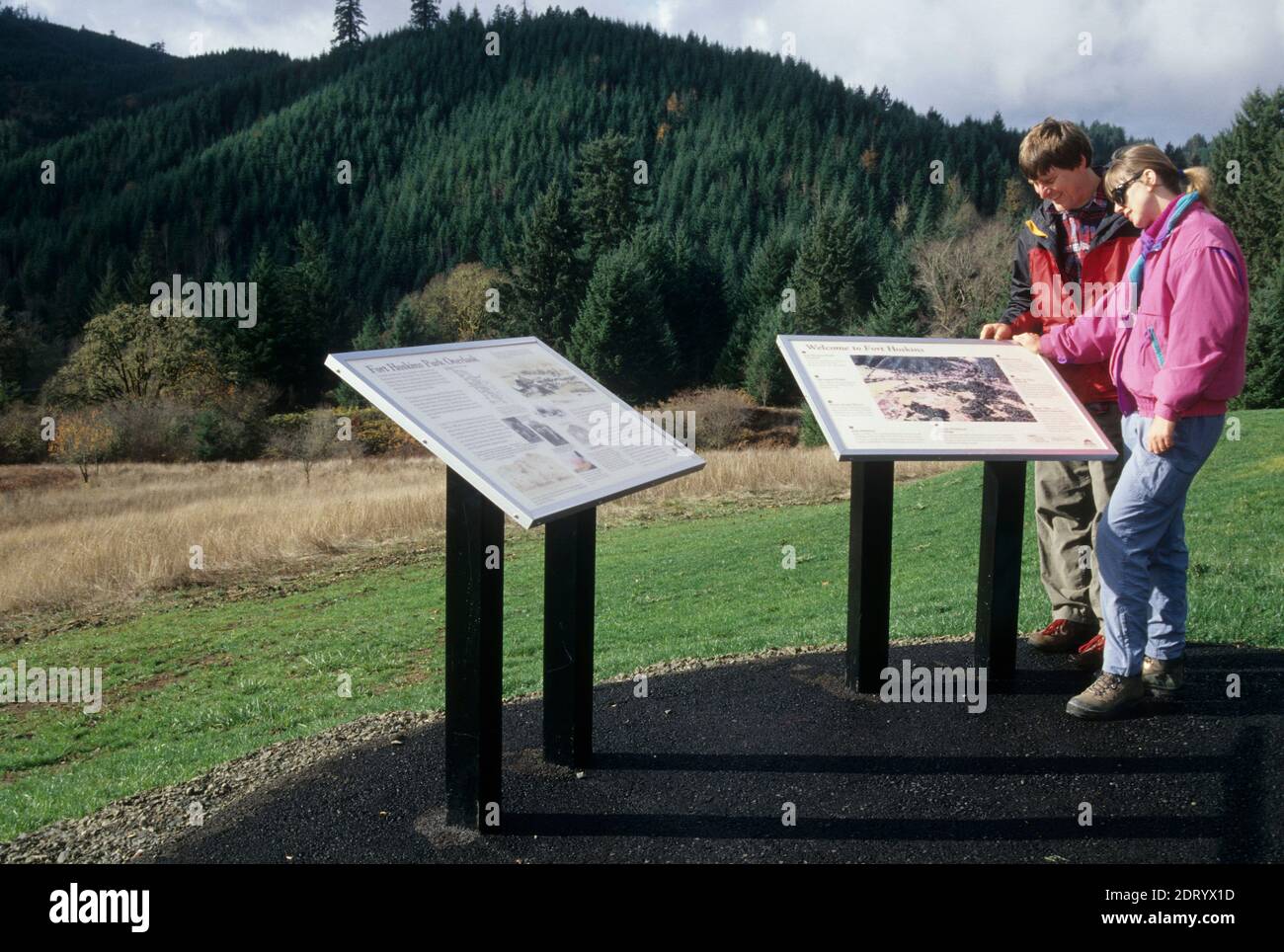 Insegna interpretativa, Fort Hoskins Historical Park, Benton County, Oregon Foto Stock