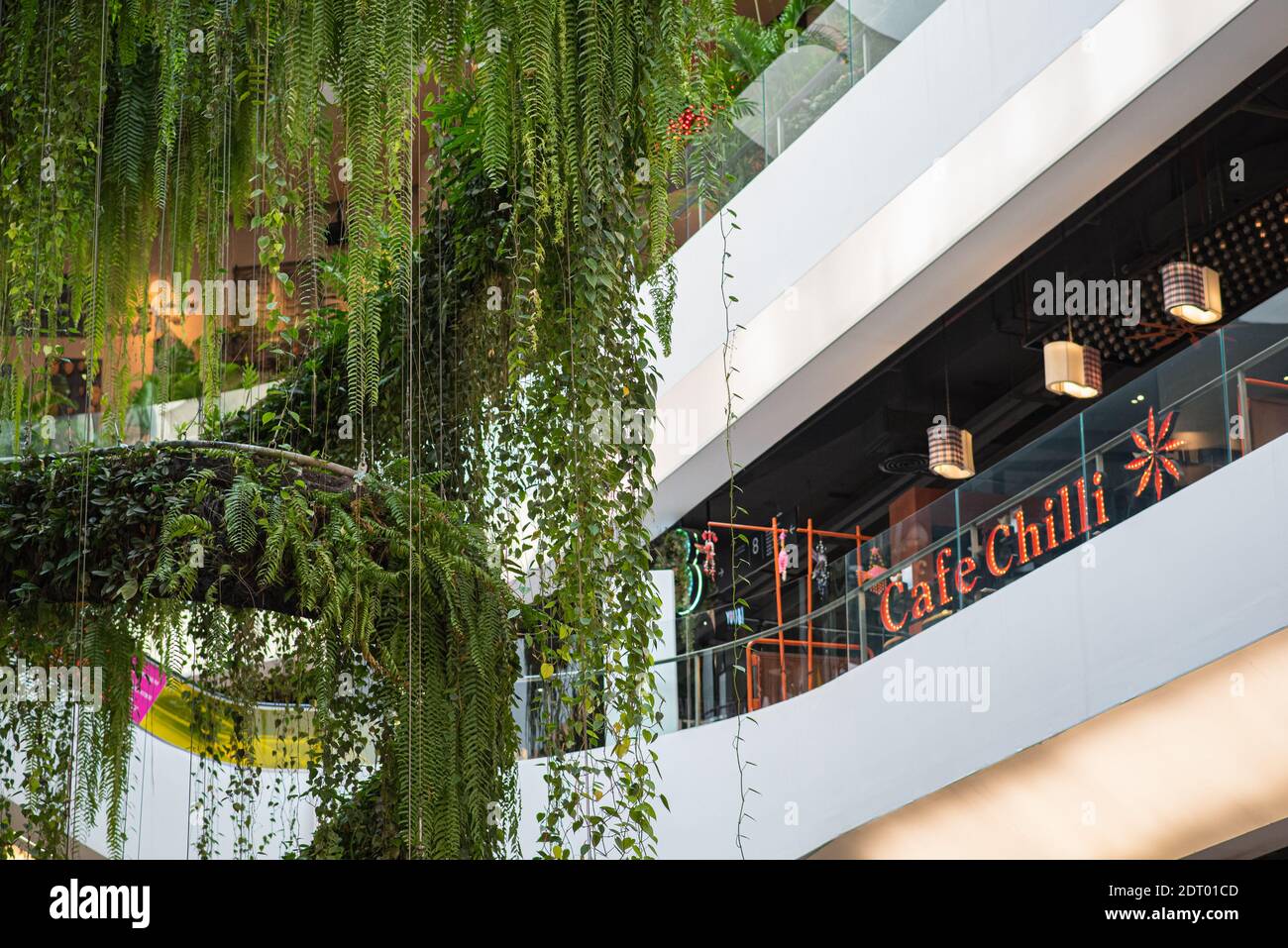 Bangkok, Thailandia - 26 maggio 2019: Piante viventi (felci, filodendri) come parte del design degli interni presso l'Emquartier Shopping Mall. Foto Stock