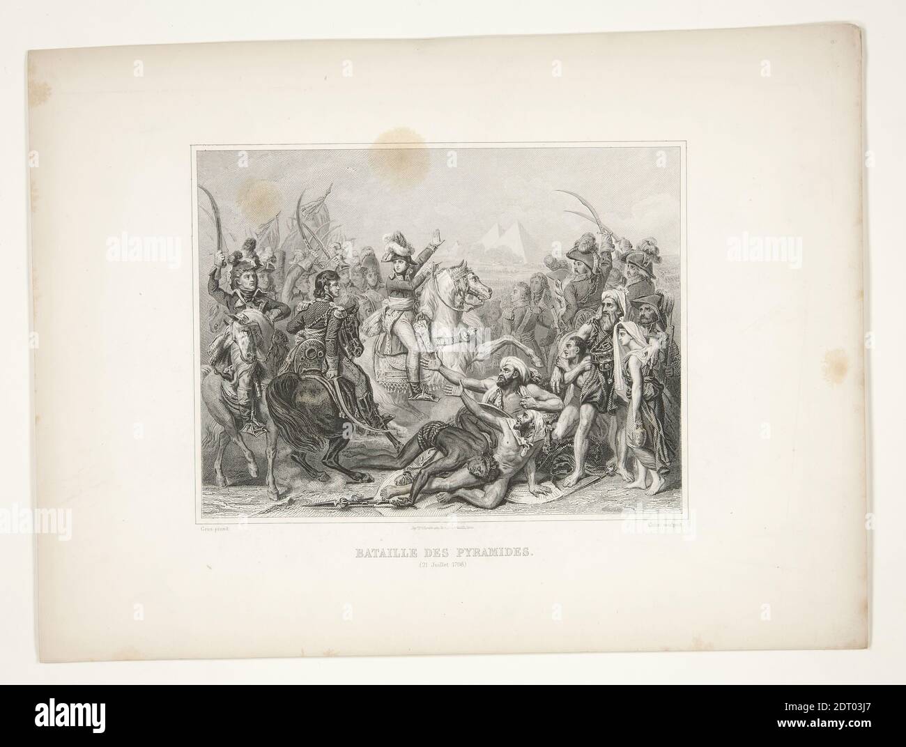 Incisore: Charles Amédée Colin, francese, 1808–1873, dopo: Antoine-Jean Gros, francese, 1771–1835, Bataille des Pyramides (Battaglia delle Piramidi), incisione, foglio: 21.2 × 29.9 cm (8 3/8 × 11 3/4 pollici), Made in France, Francese, XIX secolo, opere su carta - stampe Foto Stock