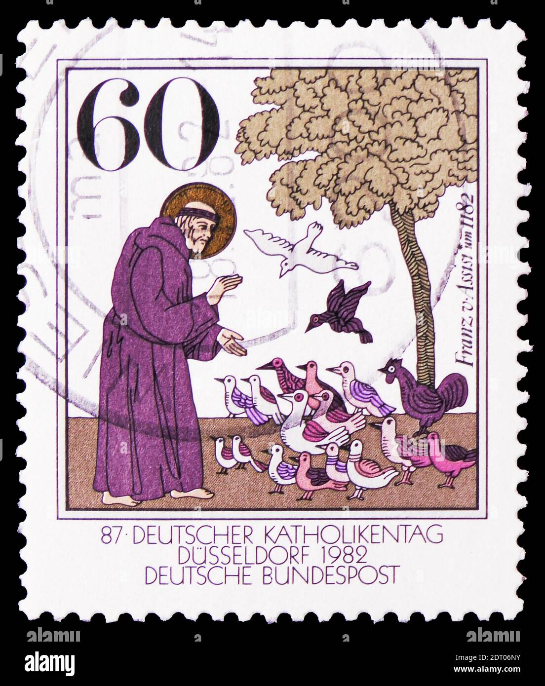 MOSCA, RUSSIA - 21 FEBBRAIO 2019: Un francobollo stampato in Germania, nella Repubblica federale di Germania, mostra "San Francesco predicando agli uccelli" (dopo l'affresco di Giotto) Foto Stock