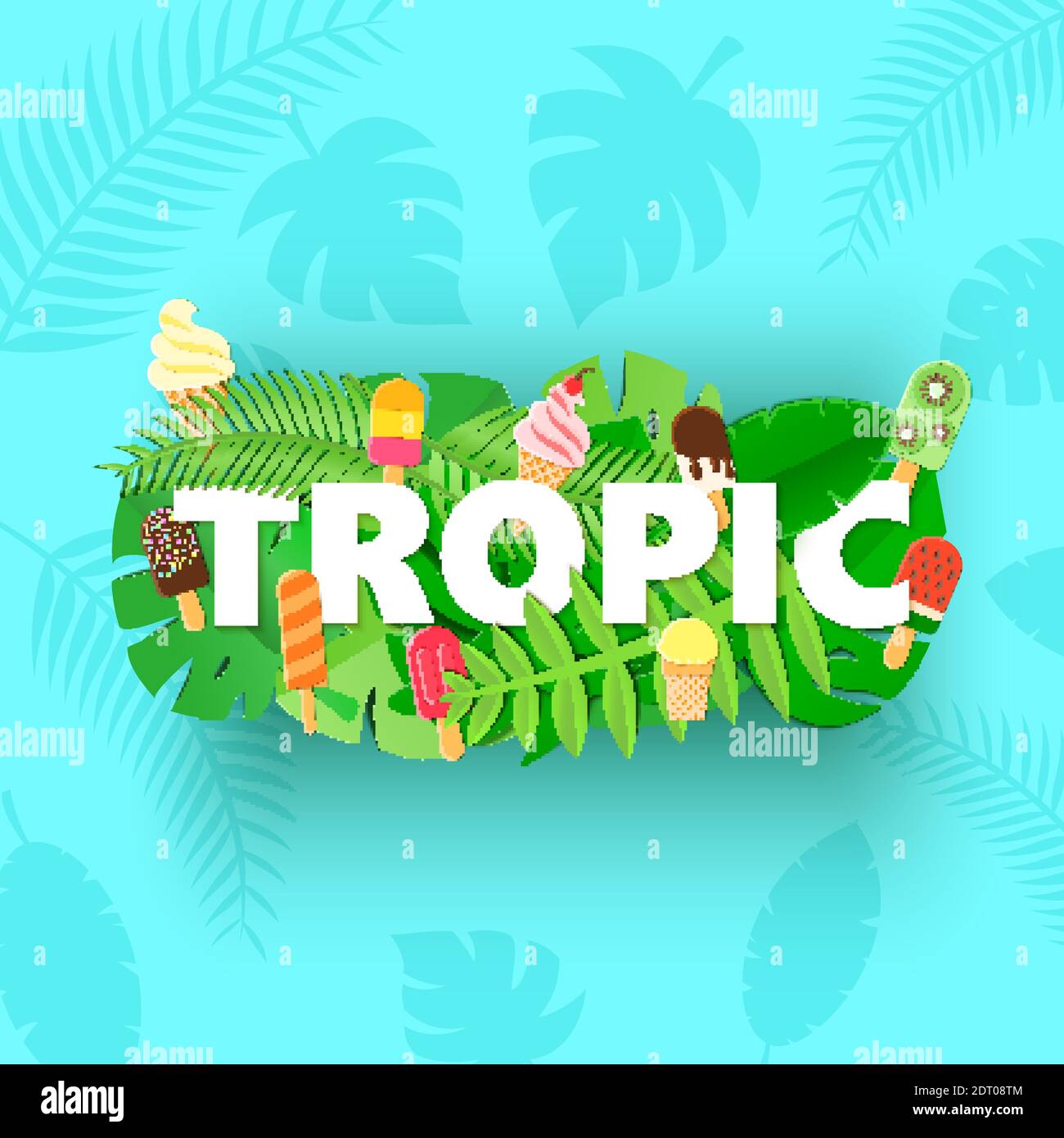 Composizione di Word TROPIC con foglie verdi della giungla e gelato su sfondo blu in stile taglio di carta. Lettere bianche a foglia di artigianato tropicale per il design Illustrazione Vettoriale