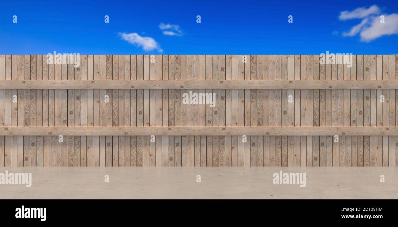 Recinzione da giardino nel cortile della casa, cielo blu con sfondo nuvole bianche. Concetto di privacy dell'edificio residenziale. illustrazione 3d Foto Stock