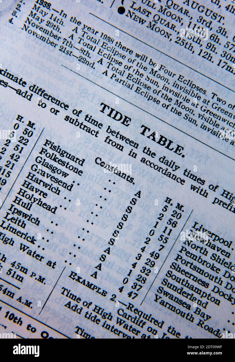 Tabella delle maree o grafico delle maree per il Regno Unito, 1938 Foto Stock