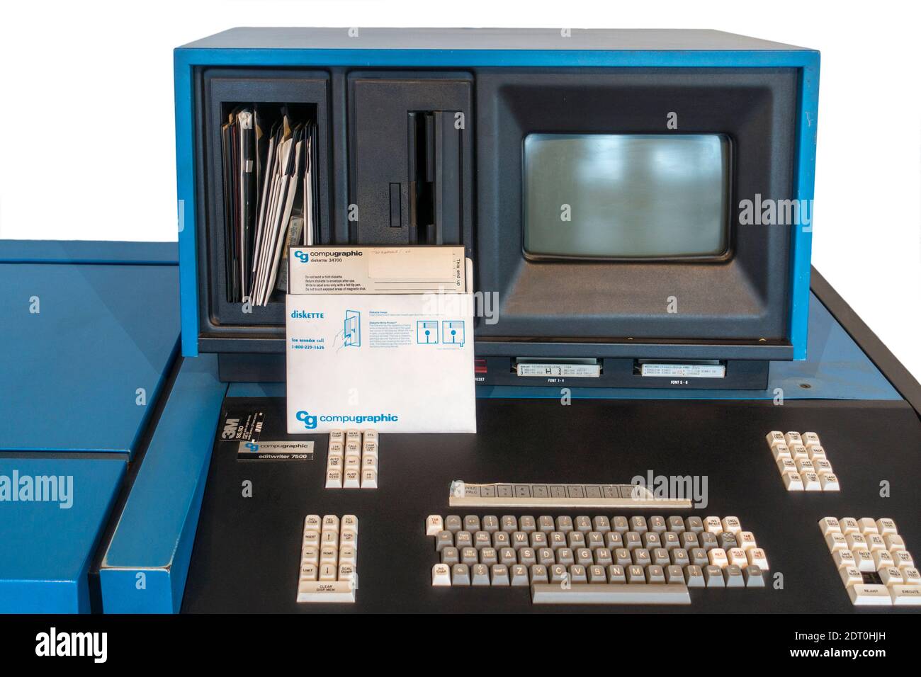 Floppy disk da 8 pollici e 1977 EditWriter 7500, tipizzazione digitale / fototypesetter GSI C/A/T di Compugraphic Corporation Foto Stock