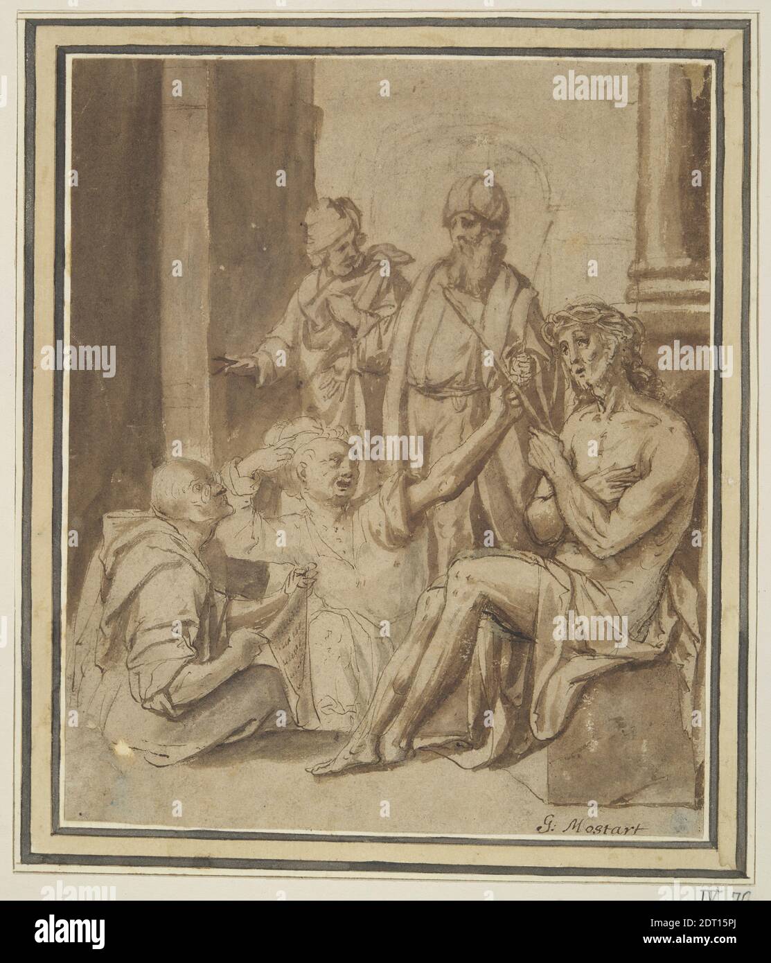 Mocking di Cristo, penna e pennello e inchiostro marrone e lavaggio marrone e verdolino su schizzo in gesso nero su carta brunastra, foglio: 17.1 × 14.2 cm (6 3/4 × 5 9/16 pollici), Made in Fiandre, Fiandre, 17 ° secolo, opere su carta - disegni e acquerelli Foto Stock