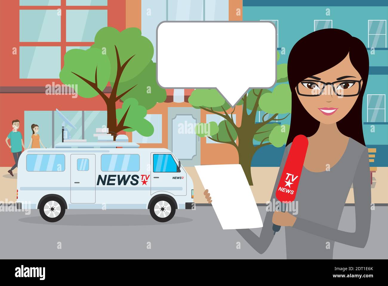 Reporter femminile con microfono e bubble speech, camion di notizie e edificio urbano sullo sfondo, cartoon vettore illustrazione Illustrazione Vettoriale