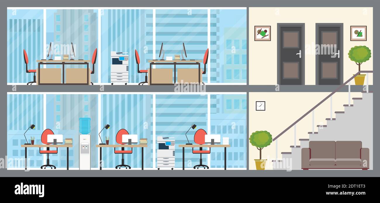 Due piani di uffici moderni, interni vuoti con mobili, centro affari o spazio di collegamento, illustrazione vettoriale piatta Illustrazione Vettoriale