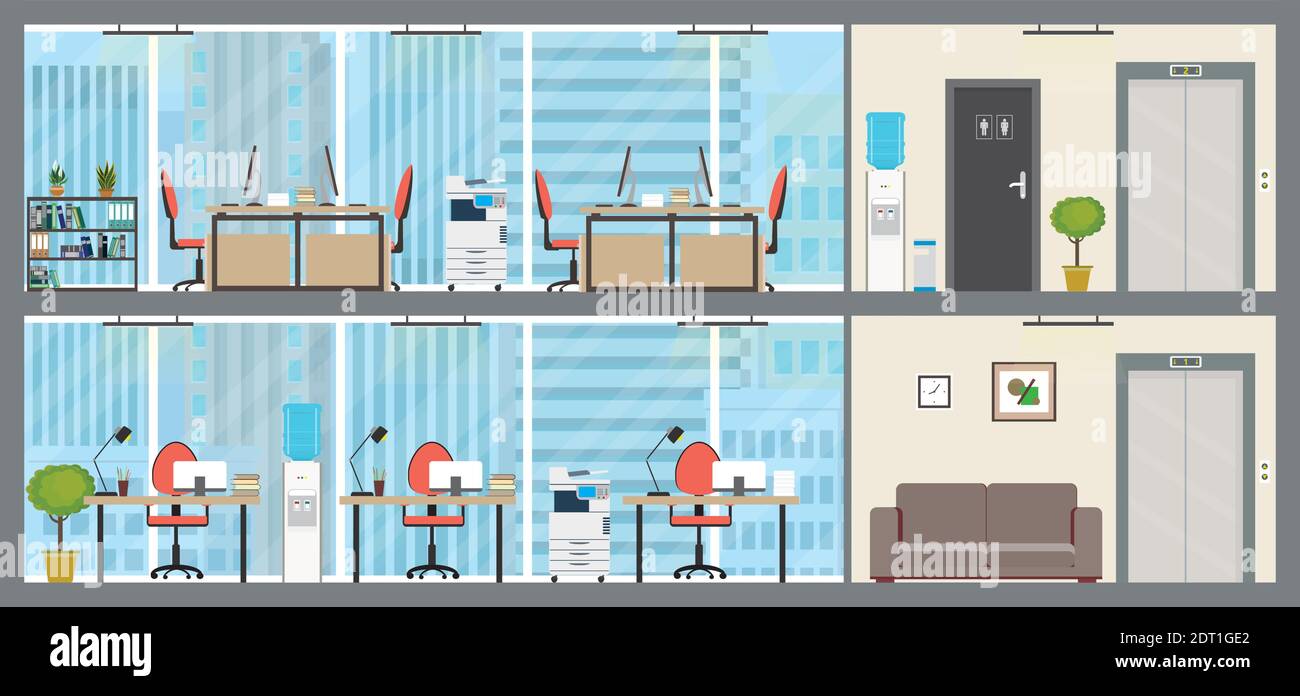 Due piani di uffici moderni, interni vuoti con mobili, centro affari o spazio di collegamento, illustrazione vettoriale piatta Illustrazione Vettoriale