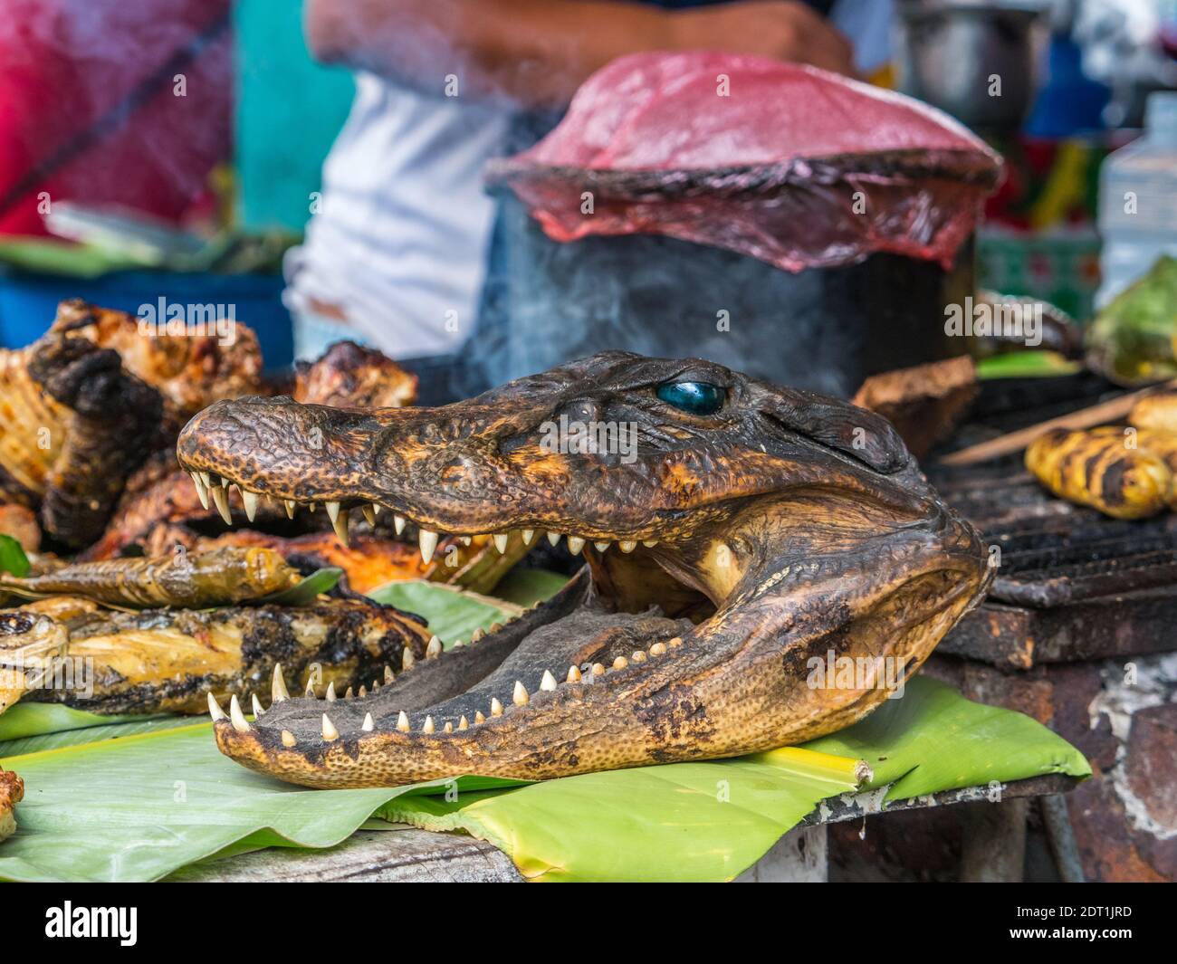 Cayman, pesce e altre prelibatezze alla griglia amazzonica al bazar Belavista di Iquitos, Perù Foto Stock