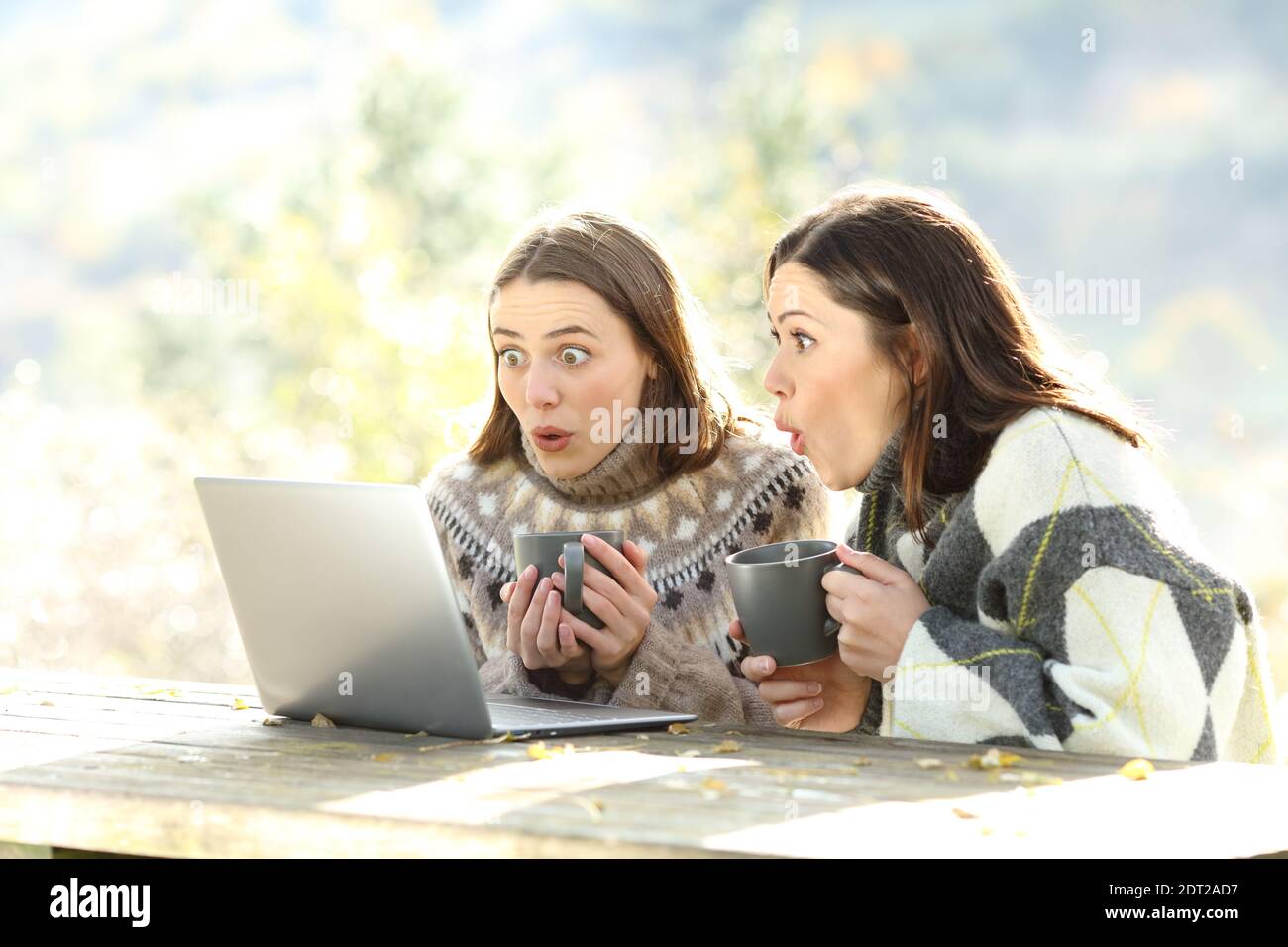 Sorpresi gli amici in inverno che controllano il portatile seduto in una panca Foto Stock