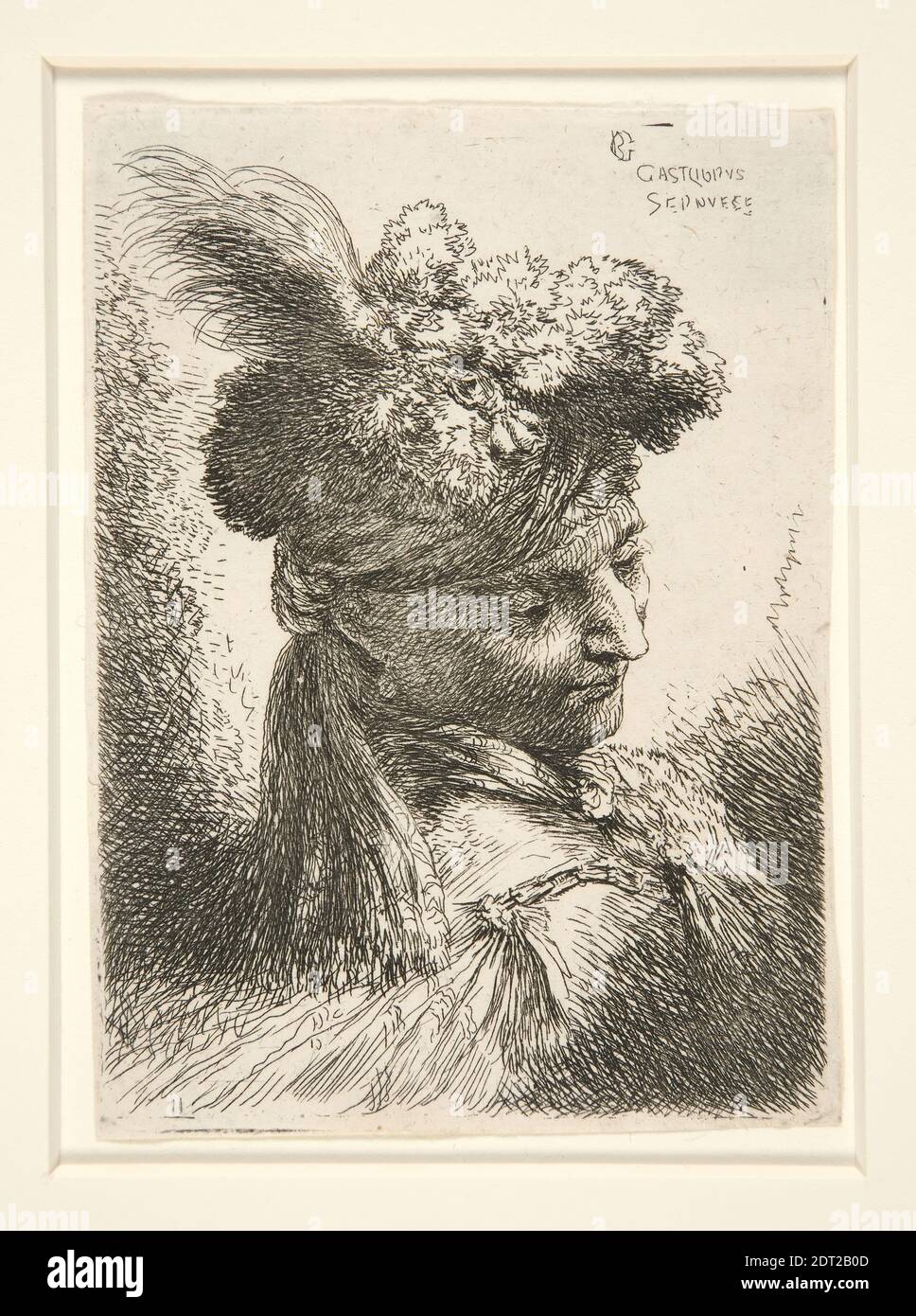 Artista: Giovanni Benedetto Castiglione, italiano, 1609–1664, giovane uomo senza barba, visto nel 3/4, girato a destra, guardando in basso, dalla serie Les Petites tetes, d’hommes…..B.39, incisione, platemark: 11.2 × 8.1 cm (4 7/16 × 3 3/16 pollici), Made in Italy, Italiano, XVII secolo, opere su carta - stampe Foto Stock