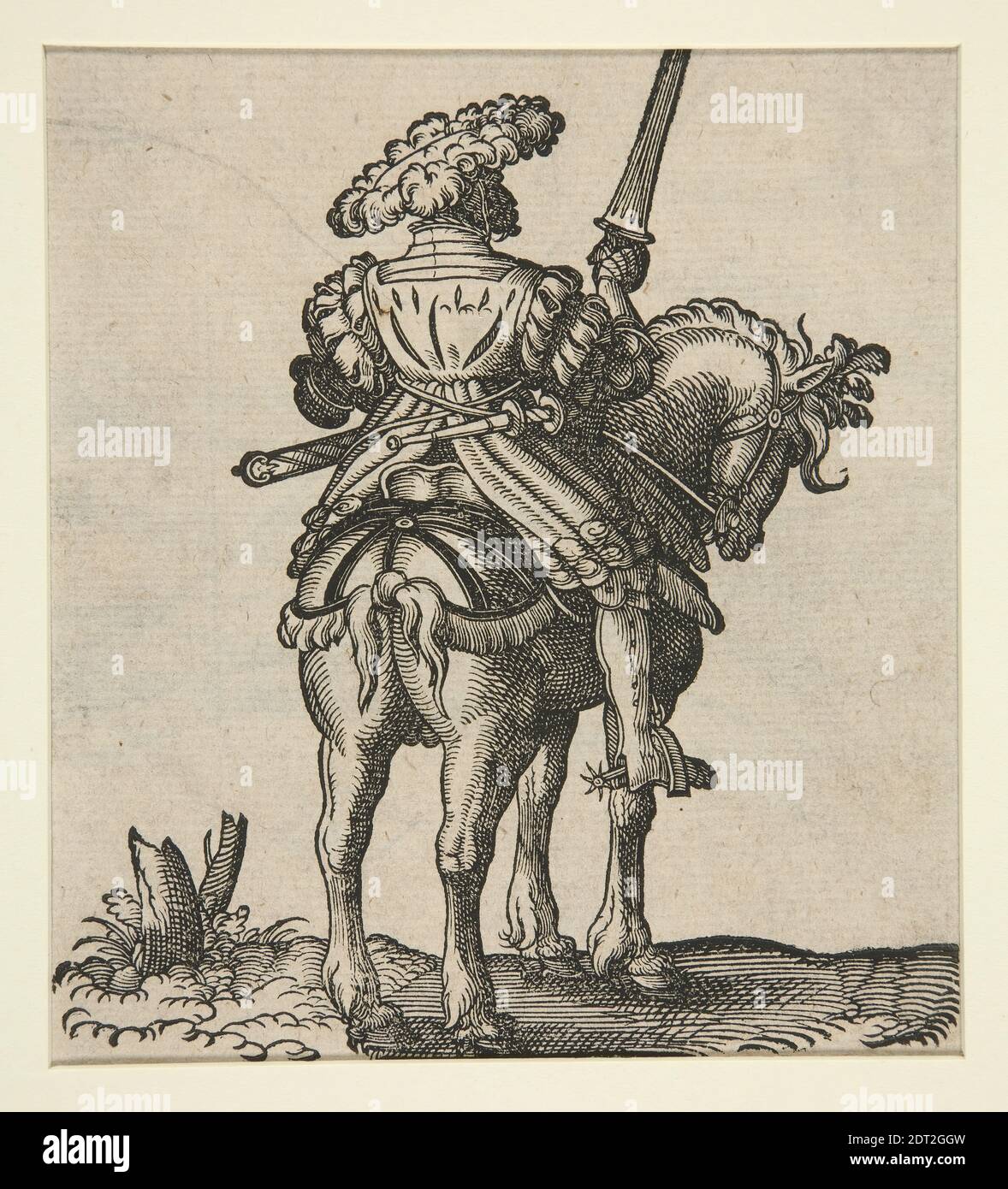 Artista: Jost Amman, Svizzera, 1539–1591, Germania attiva, Soldier on Horseback, legno, foglio: 13 × 12 cm (5 1/8 × 4 3/4 pollici), Made in Germany, German, 16 ° secolo, opere su carta - stampe Foto Stock