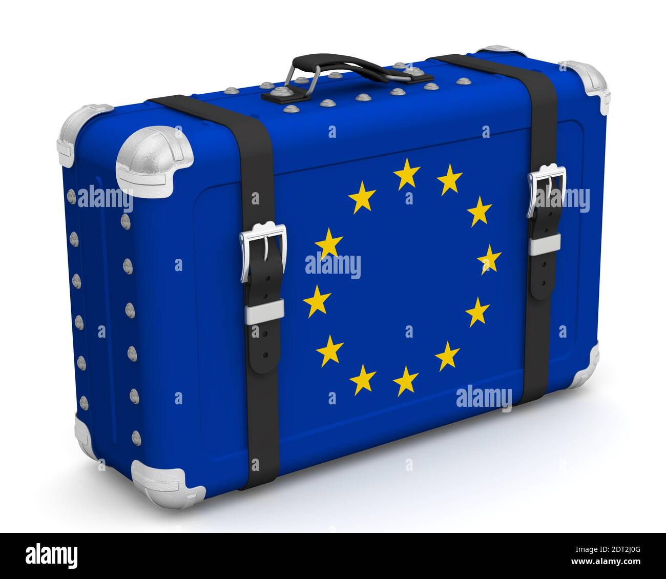 Elegante valigia con la bandiera dell'Unione europea. La valigia retrò con la bandiera dell'UE si trova su una superficie bianca. Illustrazione 3D Foto Stock