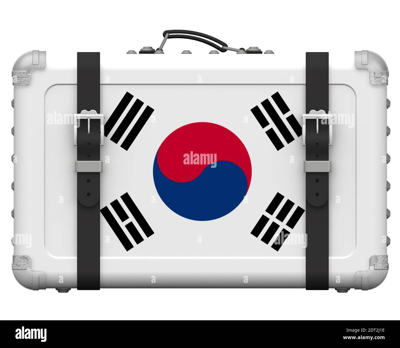 Elegante valigia con la bandiera nazionale della Corea del Sud. Valigia retrò con la bandiera nazionale della Repubblica di Corea si trova su una superficie bianca Foto Stock