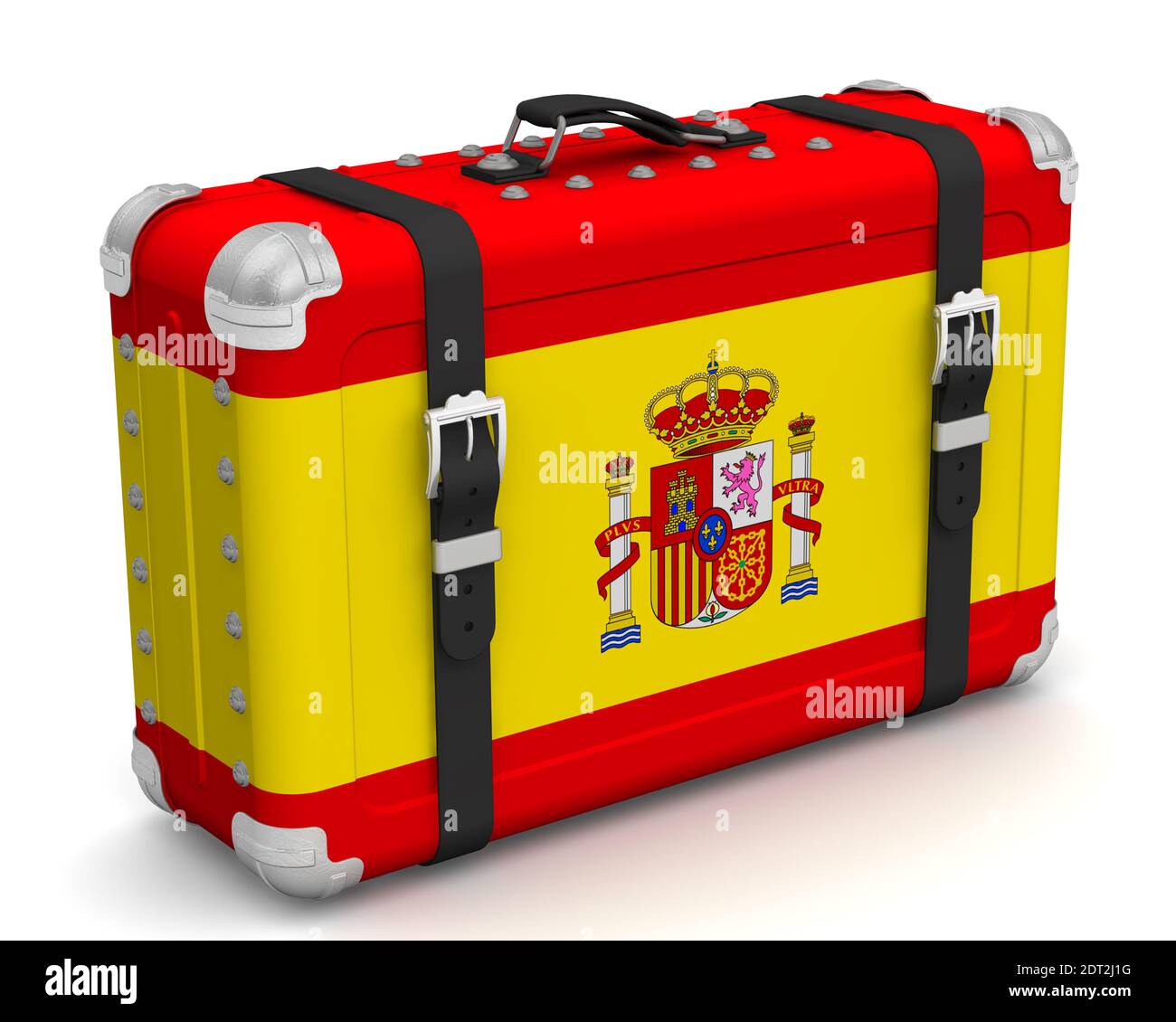 Elegante valigia con la bandiera nazionale della Spagna. Valigia retrò con la bandiera nazionale di Spagna si trova su una superficie bianca. Illustrazione 3D Foto Stock