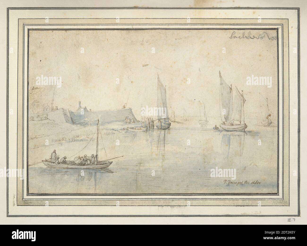 Artista: Jan Brueghel il Vecchio, Fiammingo, 1568–1625, Vista di Bakkers Veer, Paesi Bassi, penna e inchiostro marrone e lavaggio blu, foglio: 11.8 × 17.9 cm (4 5/8 × 7 1/16 pollici), Made in Fiandre, Fiandre, 17 ° secolo, opere su carta - disegni e acquerelli Foto Stock