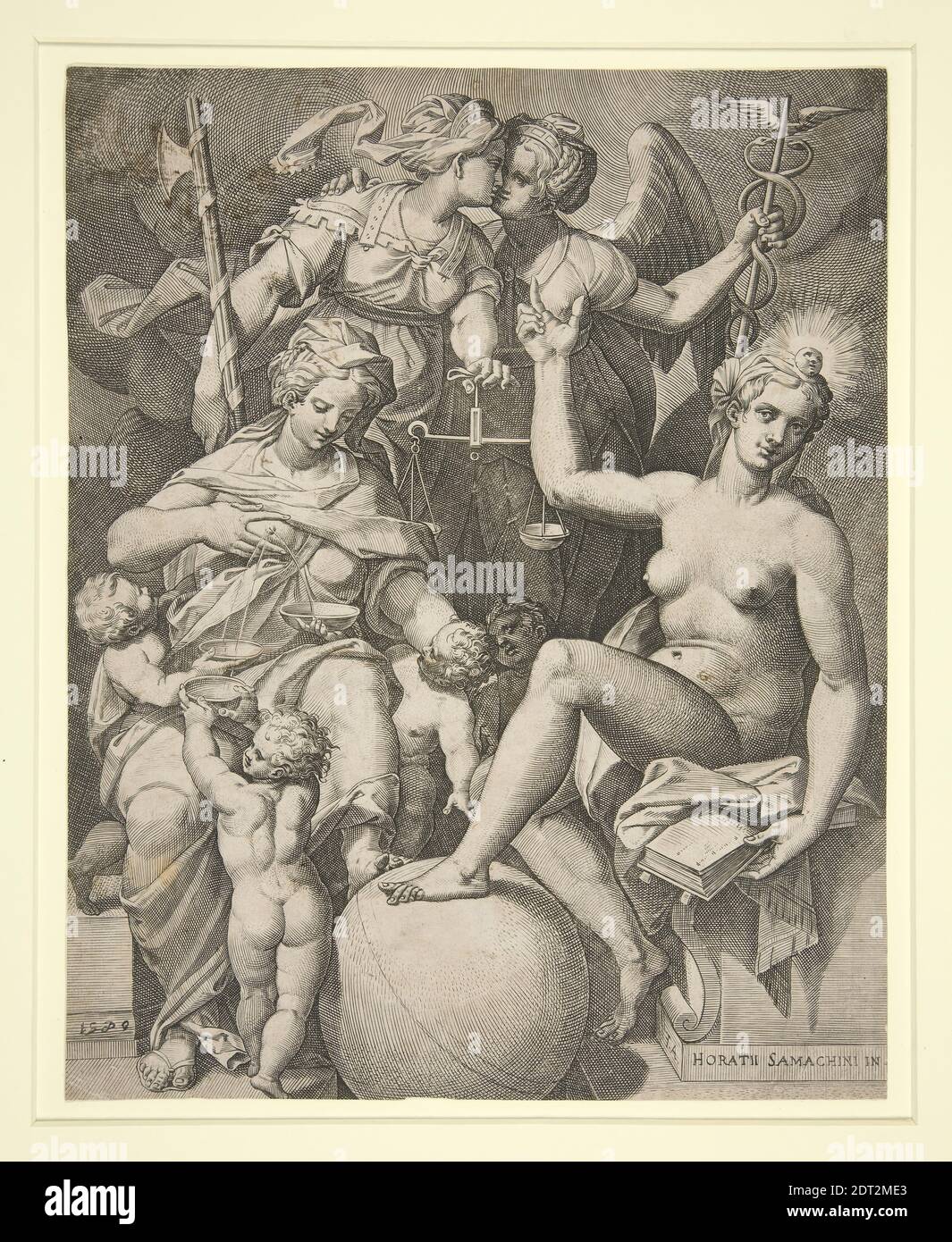 Artista: Agostino Carracci, italiano, 1557–1602, dopo: Orazio Samacchini, italiano, 1532–1577, Carità, Giustizia, verità e Pace, incisione, foglio: 26.2 × 20.8 cm (10 5/16 × 8 3/16 in.), italiano, XVI secolo, opere su carta - stampe Foto Stock