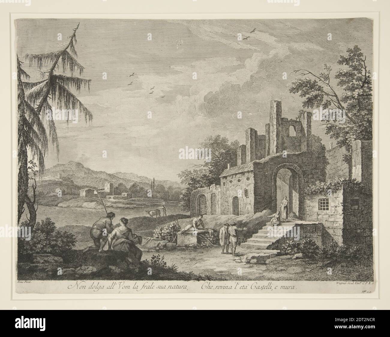 Artista: Joseph Wagner, tedesco, 1706–1780, dopo: Giuseppe Zais, italiano, 1709–1781, non dolga all’uom la frale suz natura che rovina l’eta caselli e pura, incisione, foglio: 33.7 × 44.1 cm (13 1/4 × 17 3/8 in.), Made in German, XVIII secolo, opere su carta - stampe Foto Stock